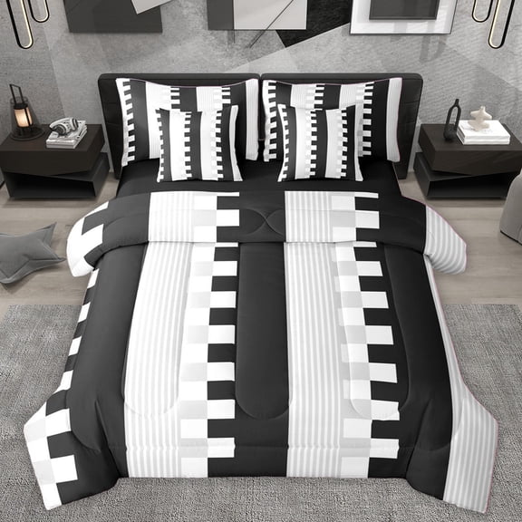 Homewish Kids Teens Minimalist Plaid Gird Bedding Comforter Set 7 Pieces,Geometric Checkered Full Bedding Set Lightweight,Vintage Aesthetic Fitted Sheet Flat Sheet,Breathable Home Decor,Reversible