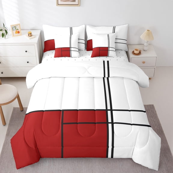 Homewish Kids Teens Minimalist Stripes Bedding Comforter Set 7 Pieces,Geometric Rectangle Full Bedding Set Lightweight,Vintage Aesthetic Fitted Sheet Flat Sheet,Breathable Home Decor,Reversible