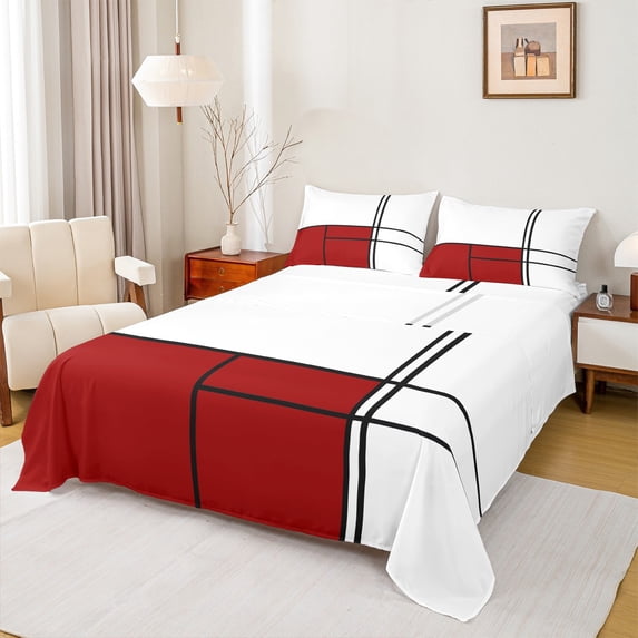 Homewish Kids Teens Minimalist Stripes Full Size Sheets 4-Piece,Geometric Rectangle Breathable Bed Sheets,Vintage Aesthetic Lightweight Sheet Sets,Breathable Home Decor