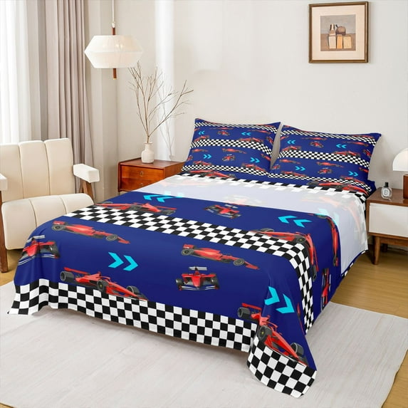 Homewish Kids Teens Racing Car 4 Pieces Queen Sheet Sets,Extreme Sport Ultra Soft Flat Sheet,Geometric Plaid Grid Queen Fitted Sheet,Luxury Bedroom Decor