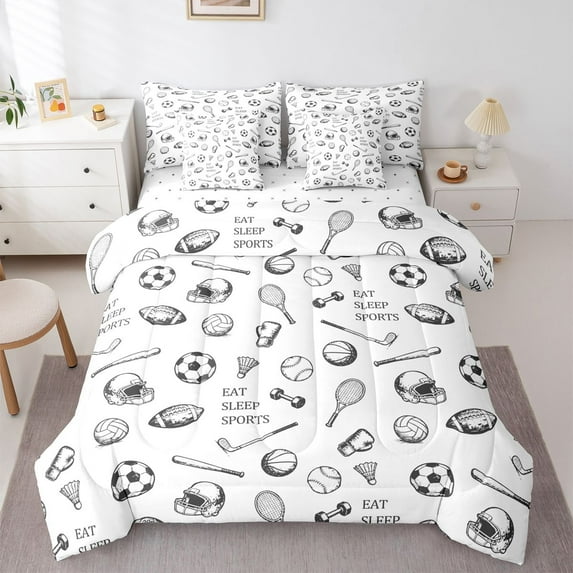 Homewish Kids Teens Soccer Football Basketball Print Bedding Comforter Set 7-Piece,Eat Sleep Sports King Bedding Sets,Ball Gamer Ultra Soft Bed Sheets,Microfiber Bedroom Decor,Reversible