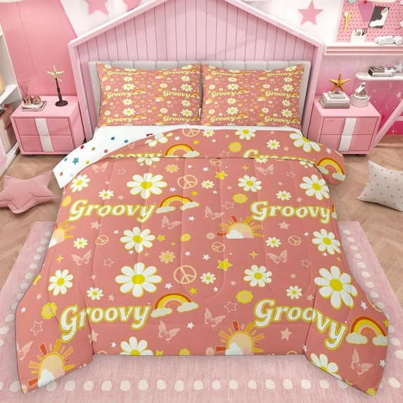 Homewish Kids Teens Vintage Groovy Flower Full Size Comforter Sets 3-Piece,Flying Butterflies Bedding Comforter Set,Cartoon Floral Rainbow Lightweight Bedding Sets,Ultra Soft Home Decor,Reversible