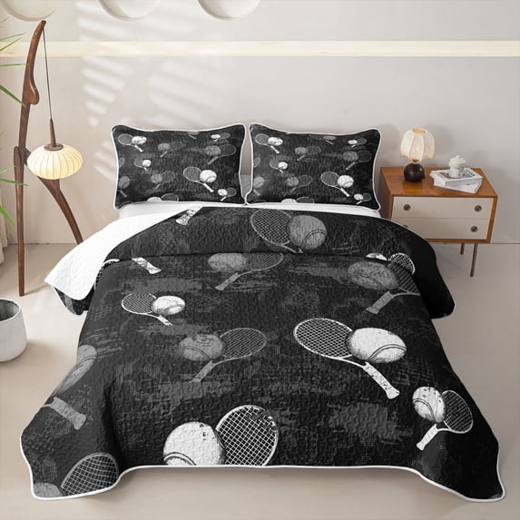 Homewish Kids Tennis Twin Quilt Set For Boys,Sports Theme Twin Coverlet Set,Black Gray,2 Pieces