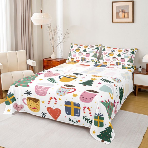 Homewish Kids Winter Coffee Twin Sheet Sets, Cute Christmas Tree Twin Fitted Sheet, Santa Claus Gifts Flat Sheet, Breathable Home Decor, 3pcs