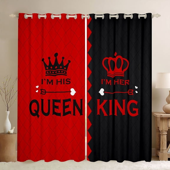 Homewish King Crown Black Out Curtains,Queen Letter Pattern Curtains Pack of 2 (42x63 Each),Red Black Rhombus Bedroom Curtains For Girls Kids,Breathable Home Decor