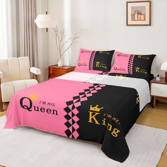 Homewish King Queen Crown Bed Sheets for Girl, Couple Anniversary King Sheets, Black Pink Square Rectangle Sheet Set, Super Cozy Room Decor, 4 Pieces