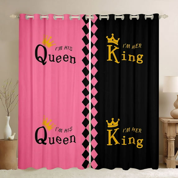 Homewish King Queen Crown Curtains Pack of 2 (42x84 Each) for Girl, Couple Anniversary Curtains Blackout, Black Pink Square Rectangle Bedroom Curtains, Black Out Curtains Decor