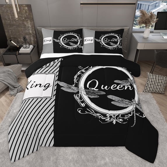 Homewish King and Queen Queen Comforter Set for Teen, Cartoon Dragonfly Bedding Sets, Black White Stripes Lines Reversible Bedding Comforter Set, Lightweight Room Decor, 3-Piece