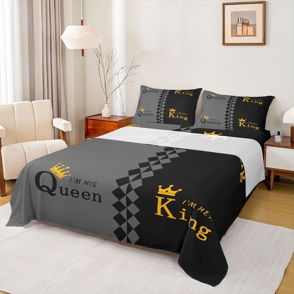 Homewish King and Queen Full Size Sheets for Couple, Black Grey Abstract Bed Sheets, Romantic Valentines Day Sheet Sets, Luxury Bedroom Decor, 4pcs