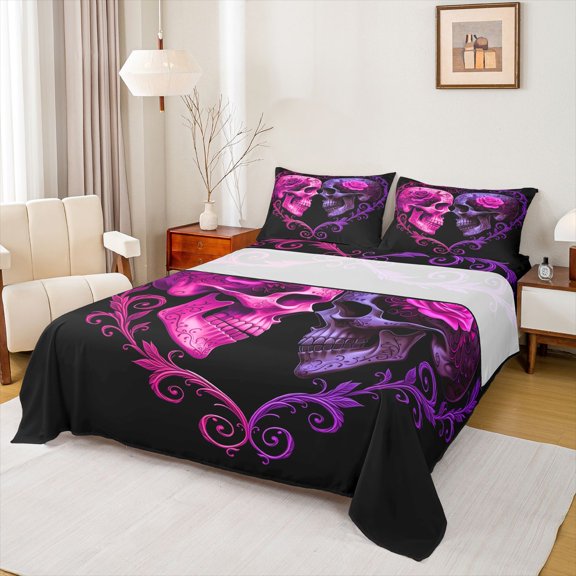 Homewish Kissing Lovers Skull Queen Sheets,Pink Purple Queen Sheet Sets,Halloween Bed Set,4-Piece,1 Flat Sheet, 1 Fitted Sheet and 2 Pillowcases