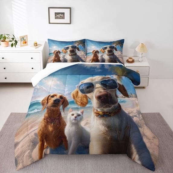 Homewish Labrador Dachshund Cat Queen Comforter Set,Hawaii Beach Comforter Sets Queen,Cream,3pcs,1 Comforter and 2 Pillowcases