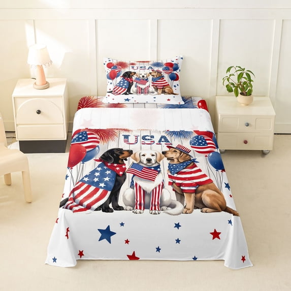 Homewish Labrador Dogs Twin Sheets,Balloon Firework Stars Bedding,USA Print Decor,3-Piece,1 Fitted Sheet and 1 Pillowcase