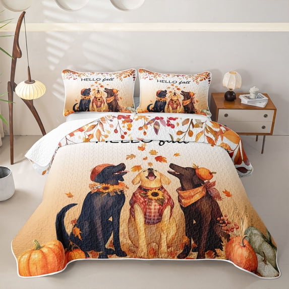 Homewish Labrador Pumpkins Bed Spread Queen,Hello Fall Print Queen Coverlet Set,Orange,Autumn Leaf Decor,3-Piece