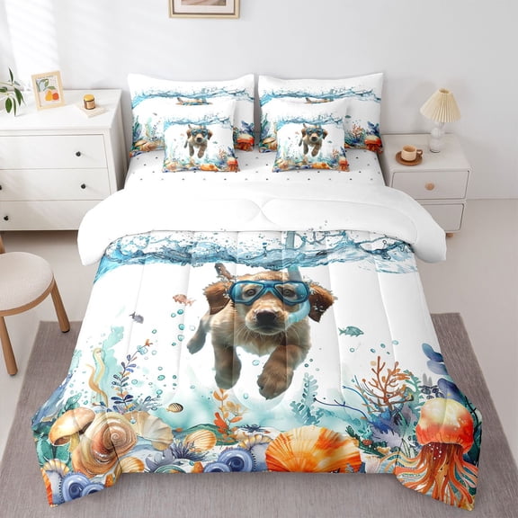 Homewish Labrador Retriever 7-Piece Twin Bedding,Jellyfish Seaweed Seashell Bedding Comforter Set,Ocean Splash Wave Decor,Reversible