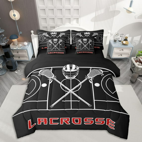Homewish Lacrosse Bedding Comforter Set 7-Piece for Boys, Gray Black King Bedding Sets, Sport Helmet Bed Sheets, Breathable Home Decor