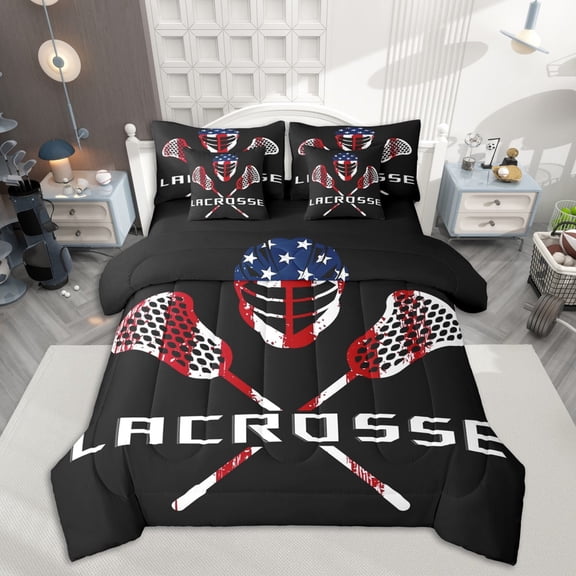 Homewish Lacrosse Bedding Comforter Set 7pcs, Kids Teens Sport Queen Bedding Sets, American Flag Queen Sheet Sets, Super Cozy Room Decor