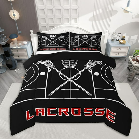 Homewish Lacrosse Bedding Comforter Set for Boys, Gray Black Twin Comforter Sets, Sport Helmet Bedding Set, Breathable Home Decor