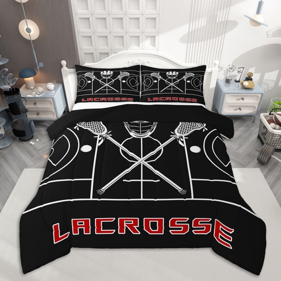 Homewish Lacrosse Queen Comforter Set for Boys, Gray Black Bedding Sets, Sport Helmet Bedding Comforter Set, Breathable Home Decor