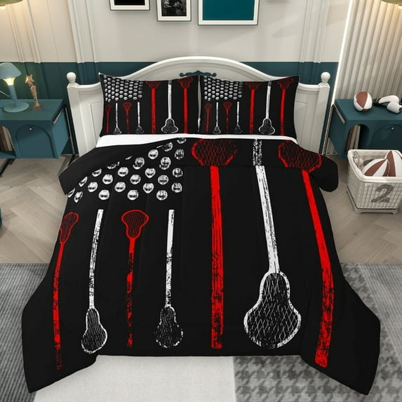 Homewish Lacrosse Sport Bedding Comforter Set,Ball Game Twin Comforter Sets,Red White Black Bedding Set For Boys Kids,Ultra Soft Home Decor Reversible,2 Pieces