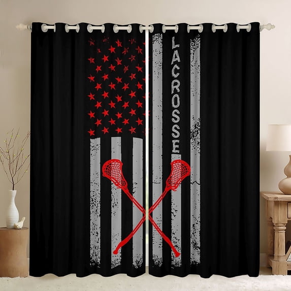 Homewish Lacrosse Sport Black Out Curtains,Boys Ball Game Curtains Pack of 2 (42x63 Each),American Flage Print Bedroom Curtains For Teens,Super Cozy Room Decor