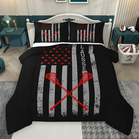 Homewish Lacrosse Sport Full Size Comforter Sets,Boys Ball Game Bedding Comforter Set,American Flage Print Bedding Sets For Teens,Super Cozy Room Decor Reversible,3-Piece