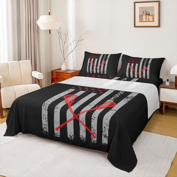 Homewish Lacrosse Sport Queen Sheet Sets,Boys Ball Game Flat Sheet,American Flage Print Queen Fitted Sheet For Teens,Super Cozy Room Decor,4 Pieces