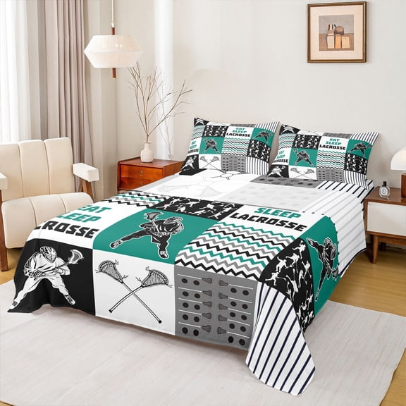 Homewish Lacrosse Sport Twin Sheet Sets,Boys Ball Game Twin Fitted Sheet,Geometric Stripe Line Flat Sheet For Teens,Super Cozy Room Decor,3 Pieces