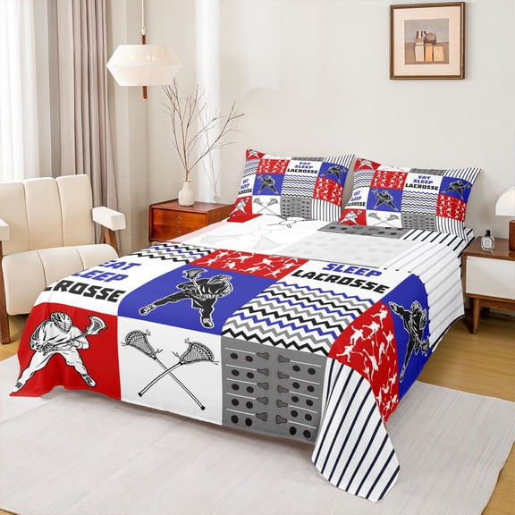 Homewish Lacrosse Sport Twin Sheet Sets,Patchwork Geometric Plaid Twin Fitted Sheet,Red Blue White Flat Sheet For Boys Teens,Luxury Bedroom Decor,3pcs