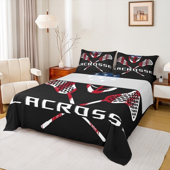 Homewish Lacrosse Twin Sheet Sets 3pcs, Kids Teens Sport Twin Fitted Sheet, American Flag Flat Sheet, Super Cozy Room Decor