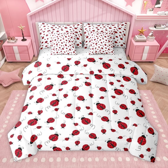 Homewish Ladybug 7pcs Bedding Comforter Set,Rustic Animal Queen Bedding Sets,Red White Queen Sheet Sets For Boys Kids,Ultra Soft Home Decor Reversible