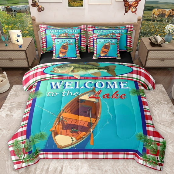Homewish Lake Camper 7-Piece Bedding Comforter Set,Rustic Farmhouse Ship King Bedding Sets,Pike Fish Bed Sheets For Super Cozy Room Decor Reversible