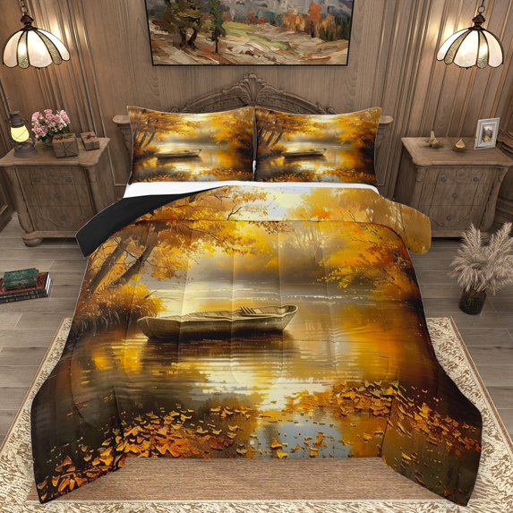 Homewish Lake House 3 Pieces Queen Comforter Set for Teens,Yellow Tree Leaves Ultra Soft Bedding Sets,Happy Autumn Fall Bedding Comforter Set Breathable,Microfiber Bedroom Decor,Reversible