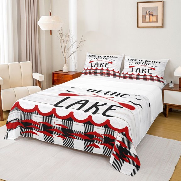 Homewish Lake House 4 Pieces Queen Sheet Sets for Kids Children Teens,Retro Paddle Ultra Soft Flat Sheet,Geometric Plaid Grid Queen Fitted Sheet,Ultra Soft Home Decor