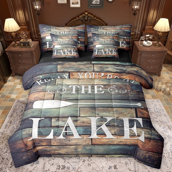 Homewish Lake House 7-Piece Bedding Comforter Set,Old Barn Door King Bedding Sets,Rustic Farmhouse Cabin Bed Sheets For Boys Kids,Microfiber Bedroom Decor Reversible