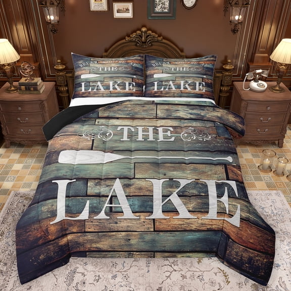 Homewish Lake House Queen Comforter Set,Old Barn Door Bedding Sets,Rustic Farmhouse Cabin Bedding Comforter Set For Boys Kids,Microfiber Bedroom Decor Reversible,3-Piece