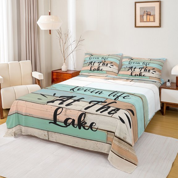 Homewish Lake House Twin Sheet Sets 3pcs for Children Teens,Lodge Cabin Twin Fitted Sheet Microfiber,Retro Vintage Breathable Flat Sheet,Microfiber Bedroom Decor