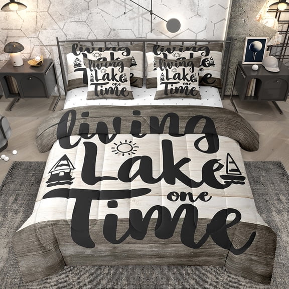 Homewish Lake Time Twin Bedding Sets 7-Piece, Hunting and Fishing Bedding Comforter Set, Countryside Lodge Cabin Reversible Sheet Sets, Ultra Soft Bedroom Decor