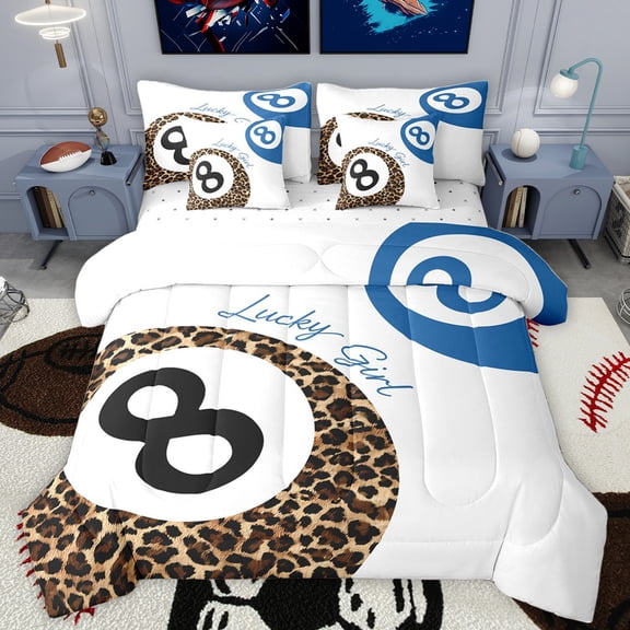 Homewish Laoperd Billiard Print 7-Piece Twin Bedding Sets,Ball Sport Gamer Bedding Comforter Set,Blue White Brown Sheet Sets For Girls Boys,Luxury Bedroom Decor Reversible