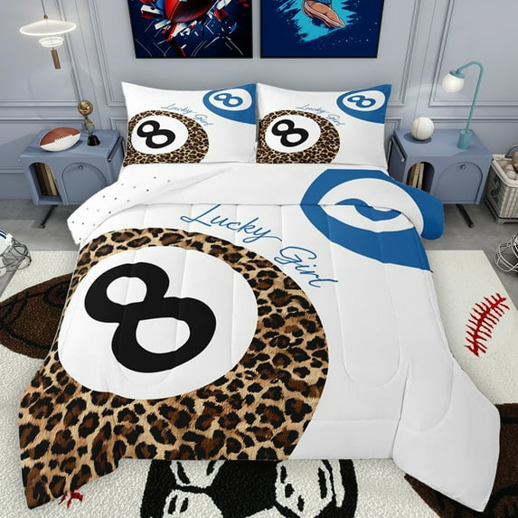 Homewish Laoperd Billiard Print Full Size Comforter Sets,Ball Sport Gamer Bedding Comforter Set,Blue White Brown Bedding Sets For Girls Boys,Luxury Bedroom Decor Reversible,3-Piece