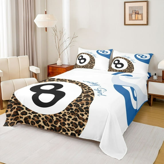 Homewish Laoperd Billiard Print Full Size Sheets,Ball Sport Gamer Bed Sheets,Blue White Brown Sheet Sets For Girls Boys,Luxury Bedroom Decor,4-Piece