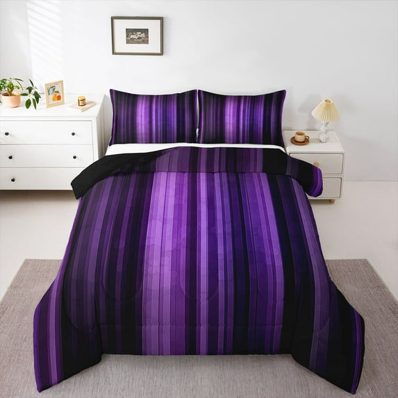 Homewish Laser Line Full Size Comforter Sets,Modern Geometric Artwork Bedding Comforter Set,Gradient Purple Black Bedding Sets For Men Women,Microfiber Bedroom Decor Reversible,3 Pieces