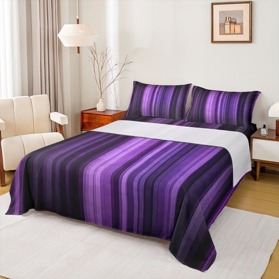 Homewish Laser Line Queen Sheet Sets,Modern Geometric Artwork Flat Sheet,Gradient Purple Black Queen Fitted Sheet For Men Women,Microfiber Bedroom Decor,4pcs