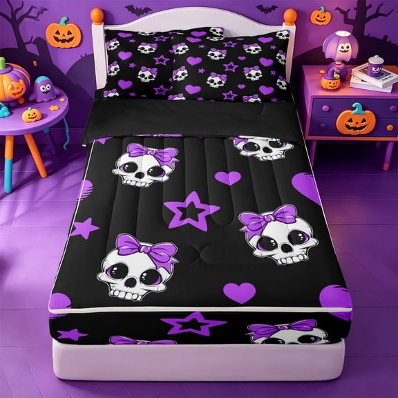 Homewish Lavender Bow Skull Gothic Zipper Twin Comforter Sets with Fitted Sheet and 2 Pillowcases,Pastel Spooky Coquette Pattern Zipper Bedding Set For Girls,Black Reversible,4-Piece