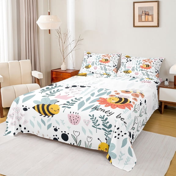Homewish Leaf Plant Botanical Full Size Sheets, Kawaii Rustic Bee Bed Sheets, Teens Kids Boys Girls Sheet Sets, Microfiber Bedroom Decor, 4pcs
