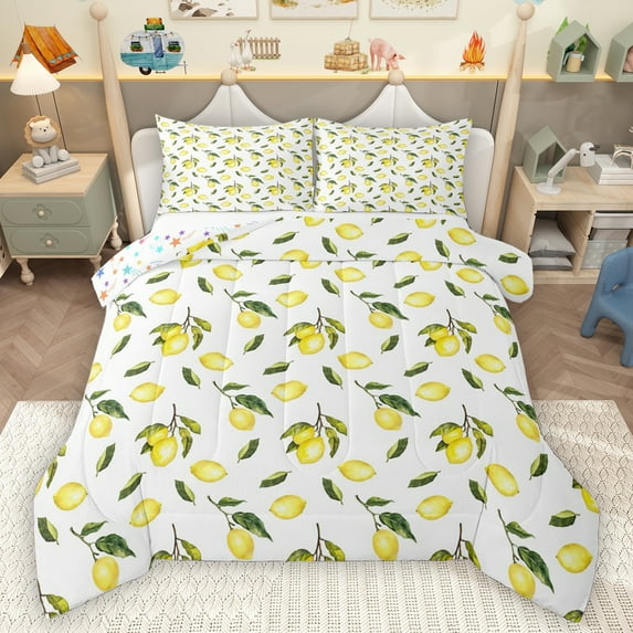 Homewish Lemon Bedding Comforter Set,Fruit Theme Twin Comforter Sets,Yellow White Green Bedding Set For Kids,Breathable Home Decor Reversible,2pcs