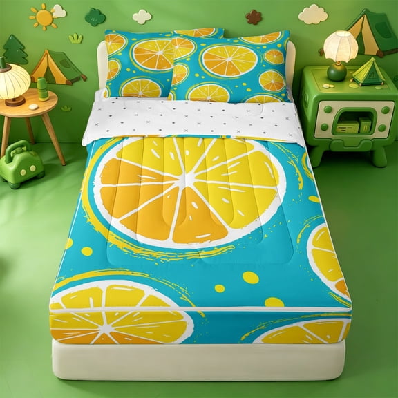 Homewish Lemon Slice Fruit Zipper Queen Comforter Set with Fitted Sheet and 2 Pillowcases,Bright Pop Art Zipper Bedding Set For Girls,Reversible,4-Piece