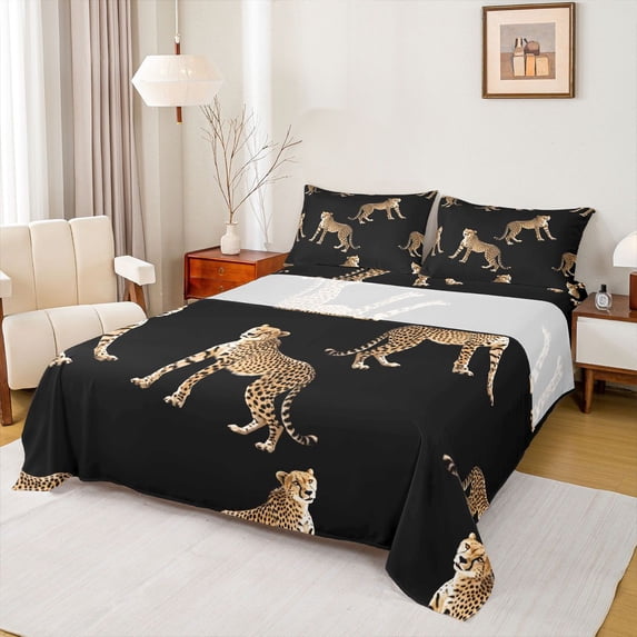Homewish Leopard Black Brown Twin 3-Piece Reversible Girls Boys Luxury Chic Wild Cheetah Cartoon Sheet Set