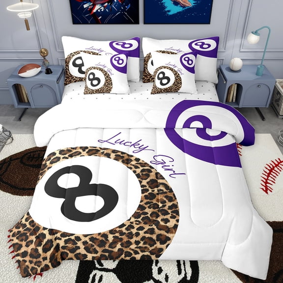 Homewish Leopard Cheetah Print 7-Piece Bedding Comforter Set,Billiards Ball Game King Bedding Sets,Purple Brown White Bed Sheets Ultra Soft Home Decor Reversible