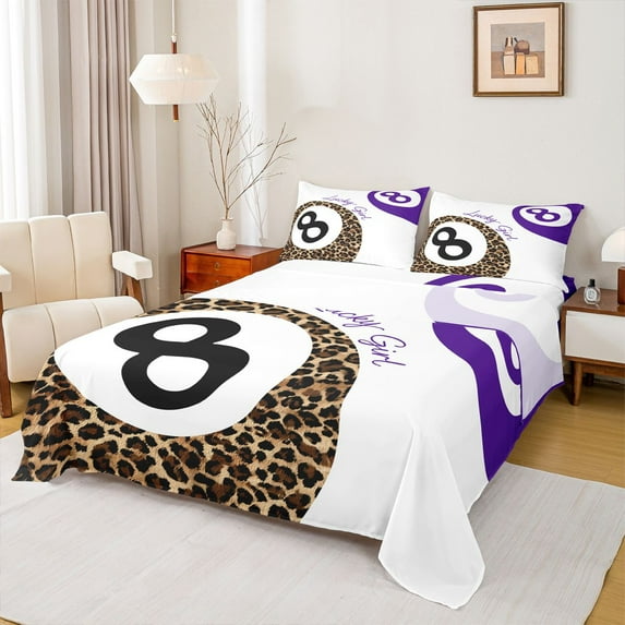 Homewish Leopard Cheetah Print Bed Sheets,Billiards Ball Game King Sheets,Purple Brown White Sheet Set Ultra Soft Home Decor,4-Piece