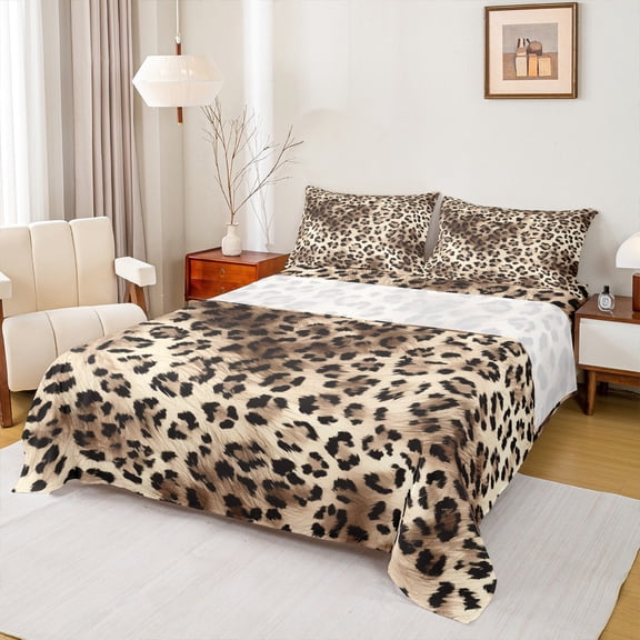 Homewish Leopard Cheetah Print Full Size Sheets for Adult, Brown Polkadots Art Bed Sheets, Fashion Wildlife Sheet Sets, Luxury Bedroom Decor, 4 Pieces